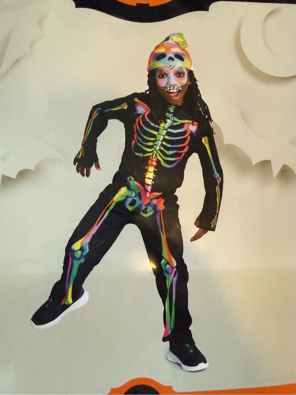 Kids Black Neon Rainbow Skeleton Costume with Matching Skull Beanie large 10/12